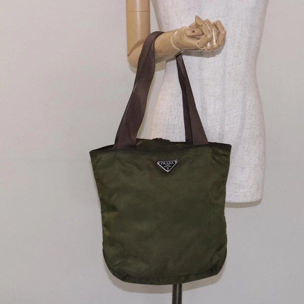 PRADA Tote Bag Nylon Khaki Silver Auth